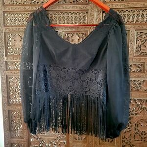 Joy USA | 70's Vintage Black Lace Fringe Mesh Cropped Disco Blouse | Size Medium